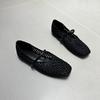2025 Spring and Summer New European Retro Square Head Hollow Woven Shallow Mouth Casual Single Shoes Flat Bottom Breathable Ladyshoes Women