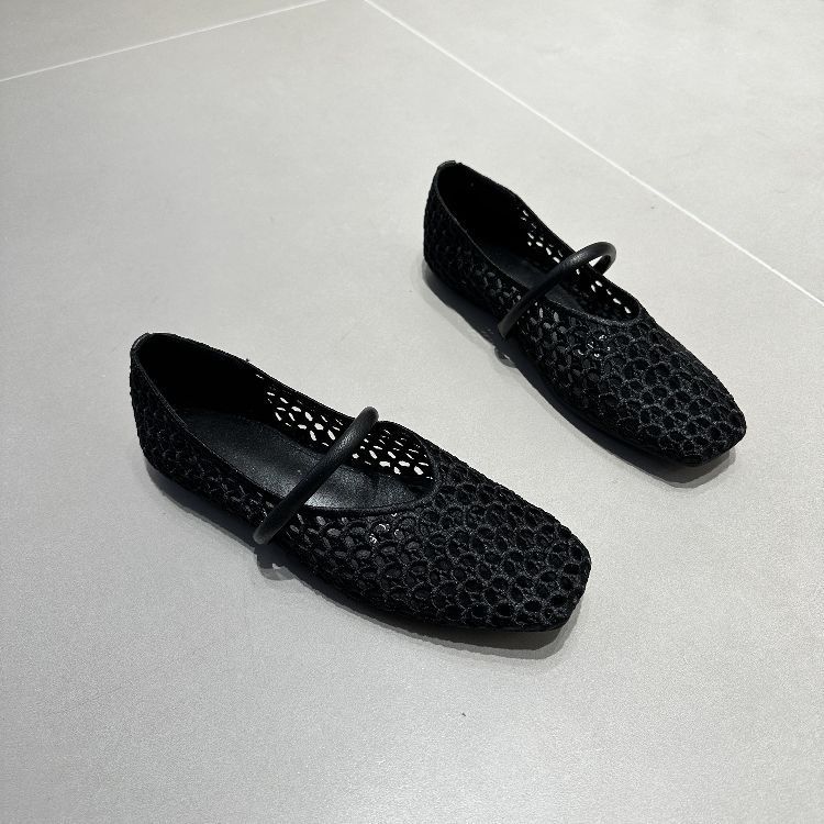 2025 Spring and Summer New European Retro Square Head Hollow Woven Shallow Mouth Casual Single Shoes Flat Bottom Breathable Ladyshoes Women
