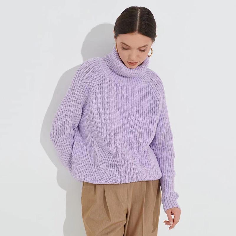 Women's Thick Knitted Turtleneck Sweater - Autumn/Winter Solid Color, Medium-Length, Casual Style.