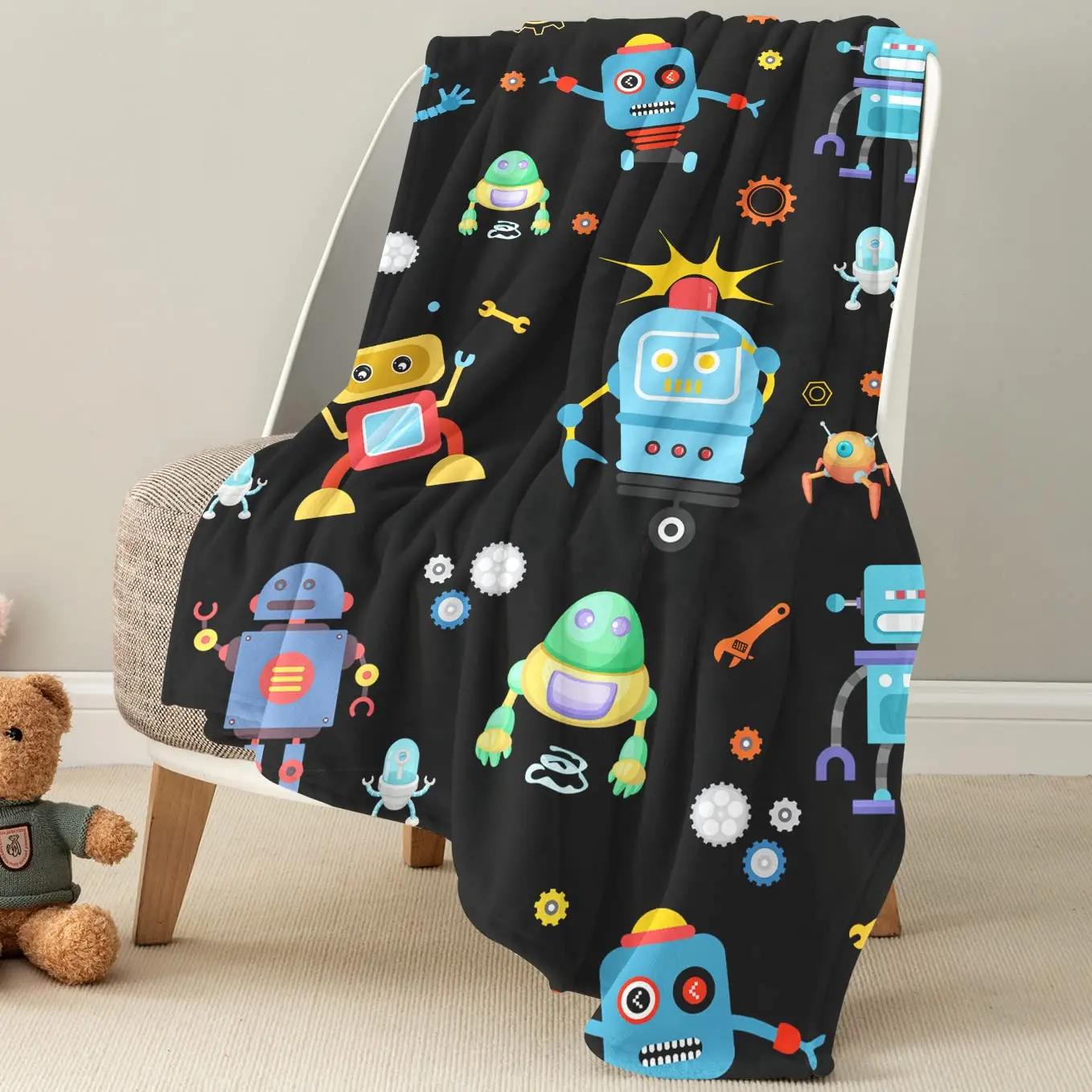 Robot Throw Blanket,Soft Flannel Robot Blanket for Boys Girls,Toddler Design Comfy Warm Quilt Blanket for Bed Sofa,Birthday Gift 75X95CM
