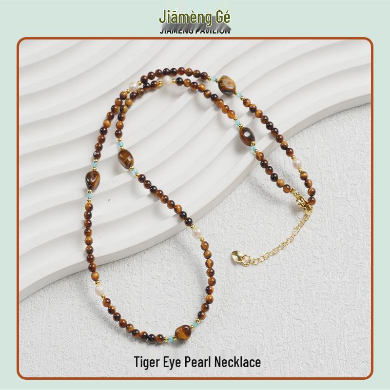 Elegant Natural Tiger Eye Stone Pearl Choker Necklace - High-End Fashion Statement for Women
