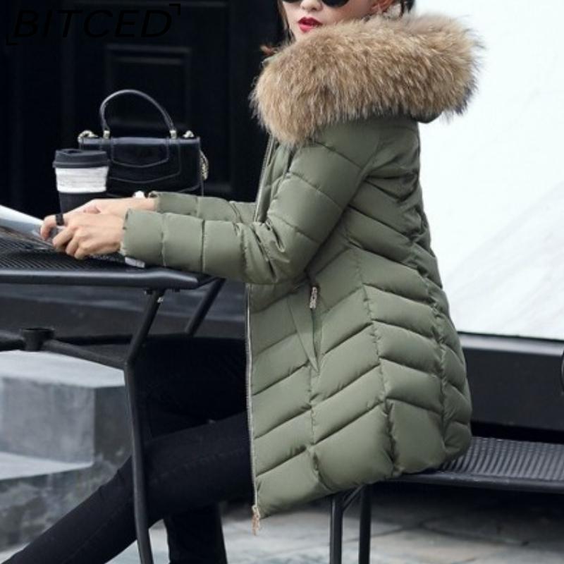 BITCED Winter Coat for Women - Mid-Length Slim-Fit Cotton Jacket with Large Fur Collar and Down-Filled Quilted Design