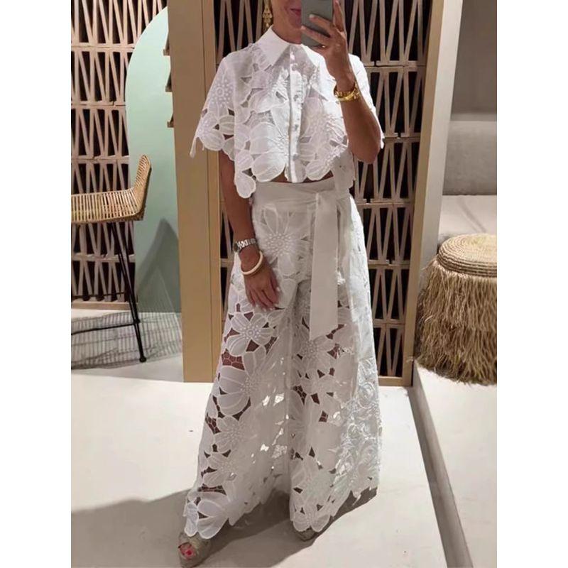 Hollow Collar Top Wide Leg Pants Set Hollow Out Lapel Top Wide Leg Pants Set