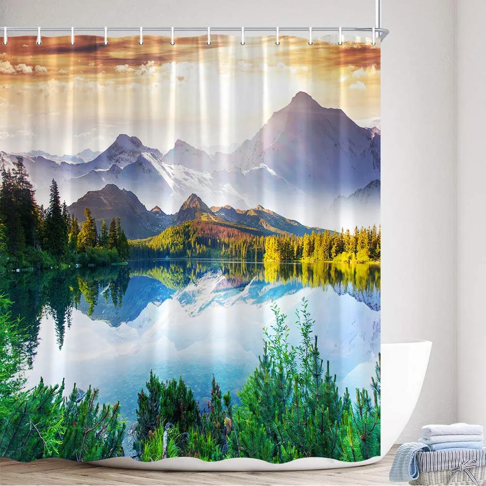 Scenic Forest Waterfall Shower Curtain Tropical Jungle Plants Trees Lake Nature Landscape Wall Hanging Bathroom Decor Curtains