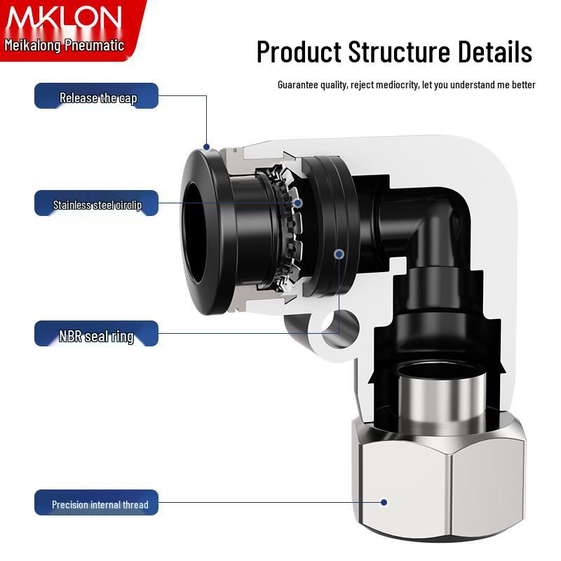 90° Pneumatic Air Hose Quick Connector, Double Push-to-Connect, Internal Thread, PLF Elbow
