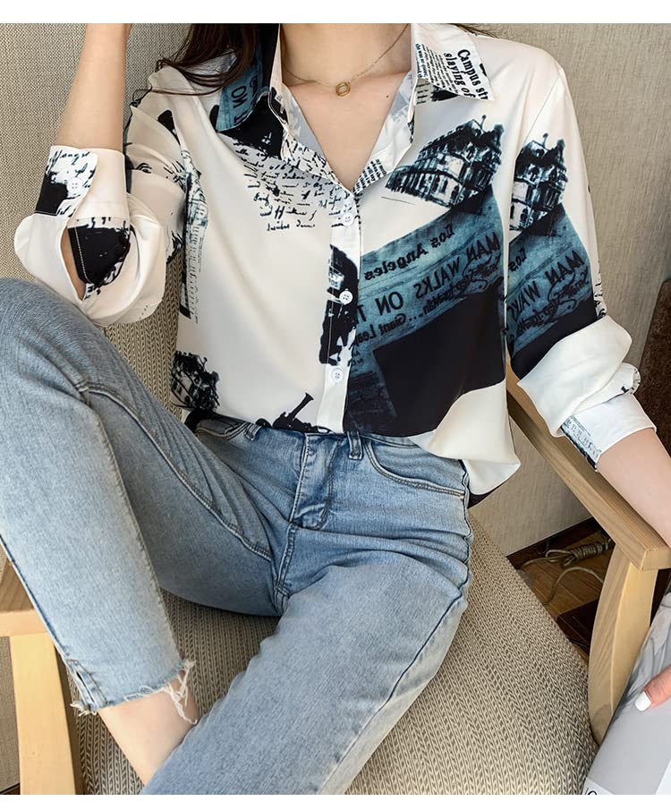 Fairy Stone Long Sleeve Chiffon Blouse with Letter Size Women's Print, V-Neck, Casual/Formal, B-24 (White, M)