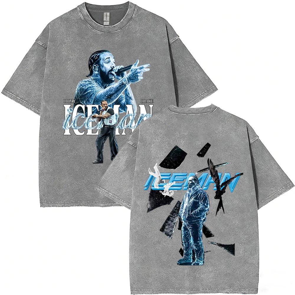 Gewaschenes Vintage Rapper Drake ICEMAN Freeze The World 2026 T-Shirt Herren Damen Mode Hip Hop Übergroße T-Shirts Herren Streetwear