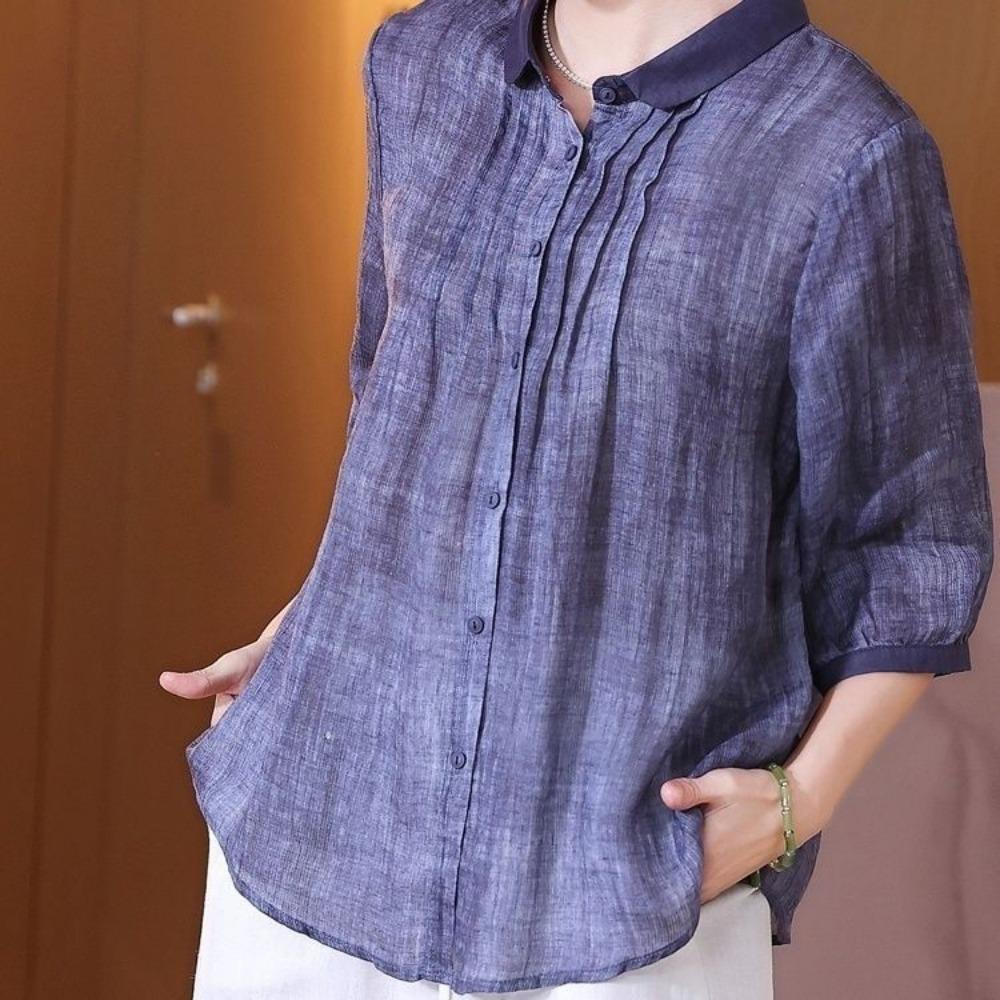 Cropped Sleeves Retro Elegant Temperament Ramie Top for Women Spring New Stand Collar Loose Casual Simple Shirt