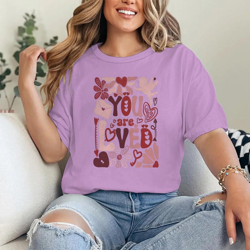 You Are Loved Graphic T Shirts Women Boho Valentine Floral Design Womens Clothing Valentines Day Heart Coquette Retro Tee Top