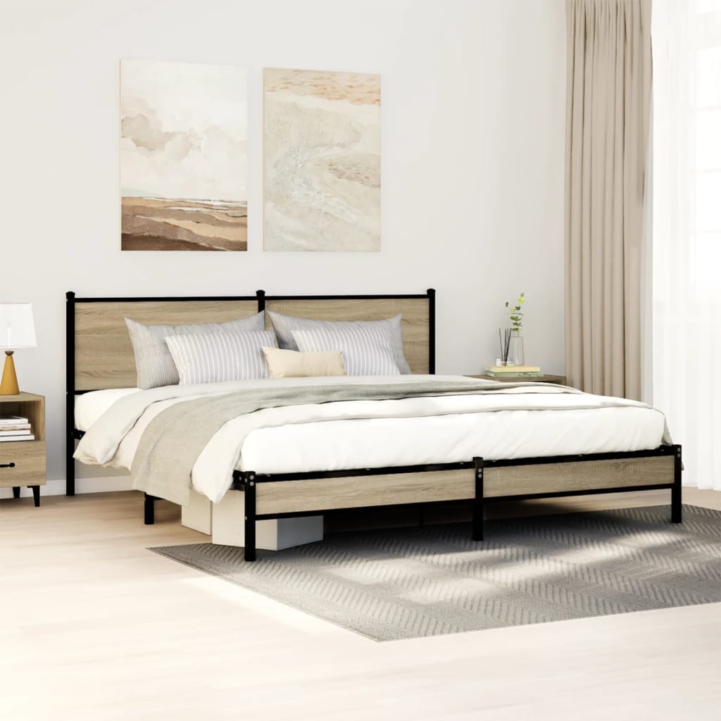 Metal Bed Frame Without Mattress Sonoma Oak Finish 160 X 200 Cm