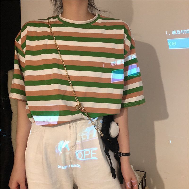 

Полосатая футболка женская летняя новая с короткими рукавами свободная корейская версия студенческая ретро гонконгская стиль Ins универсальная верхняя одежда 2XL