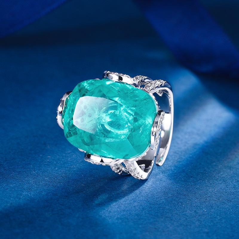 Jewelry Copper Bottom Gold-Plated Simulation Color Treasure Corundum Fat Rectangular Light Luxury Ring Women 15 * 20