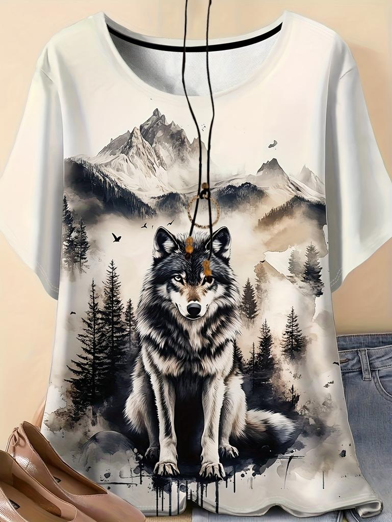 Neues Damen T-Shirt 3D Wolf Druck Rundhals Kurzarm Mode Grafik T-Shirts Lustige Streetwear Tops Y2k Lockeres T-Shirt Damen Kleidung
