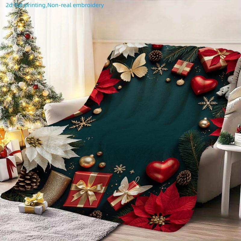 1pc Christmas Holiday Theme Women'S Butterfly And Floral Pattern Printed Blanket, Festive Gift Box, Pinecone And Snowflake Decor, Multi-Size Available