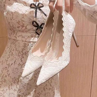 Fashion New White Wedding Shoes Bridal Shoes Design Sense Niche Lace Pointed Stiletto Heel Shallow French High Heels Female Temperament