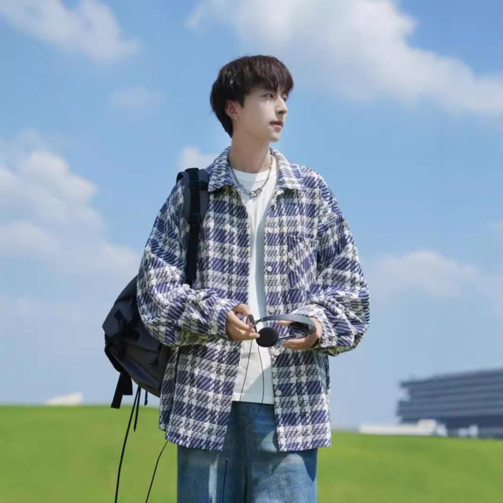 High Street Autumn Men's Fashion Versatile Lapel Plaid Jacket Loose Casual Jacket