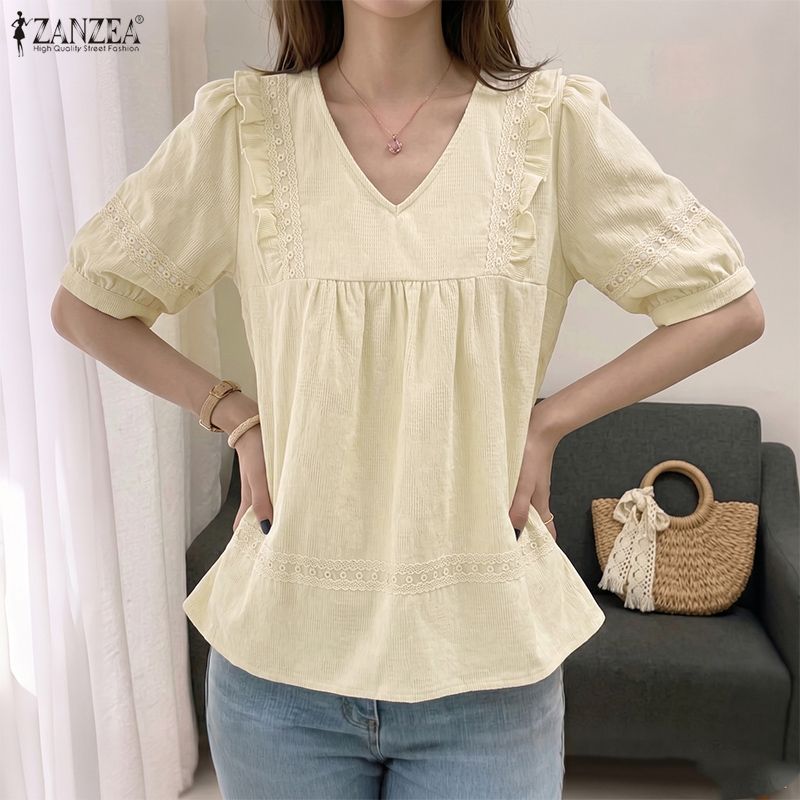 ZANZEA Women Casual V-Neck Loose Half Sleeve Cotton Blouse