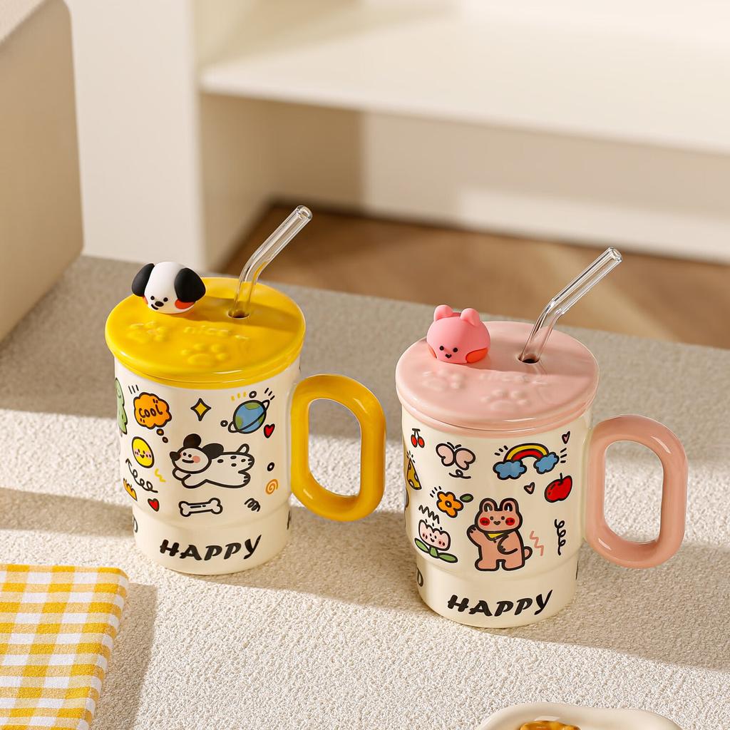 2025 Summer Straw Cup Graffiti Animal Ceramic Water Cup With Lid Cartoon Mug Water Cup Premium Cute
