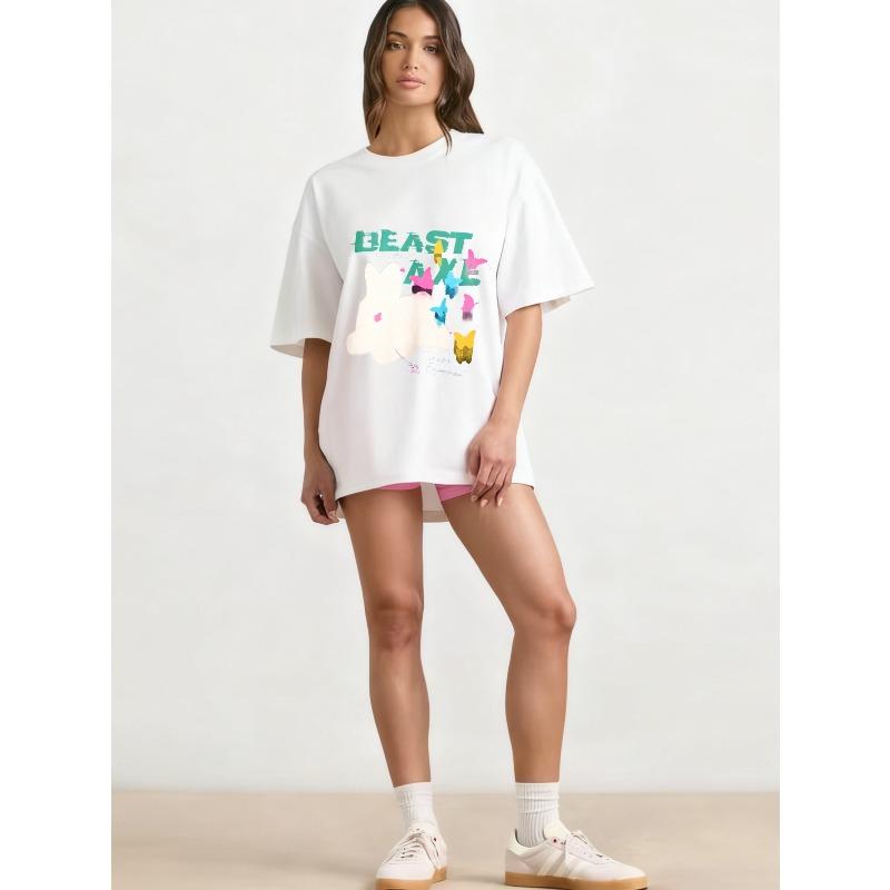 Oversized T Shirt Black Beast Axe Graphic Print With Bunny And Butterflies Design For Casual Wear