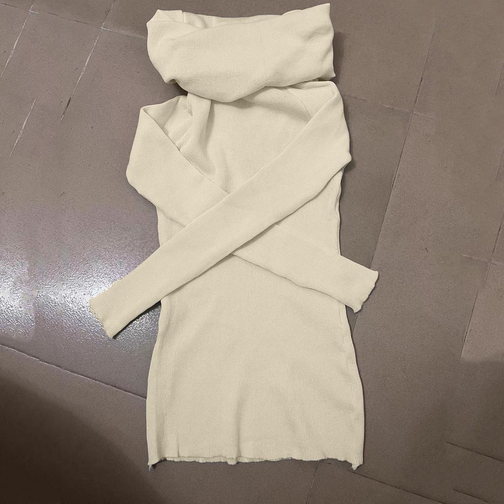 Suéter feminino de malha com ombro de fora, de cor sólida, slim fit, manga comprida, linha francesa