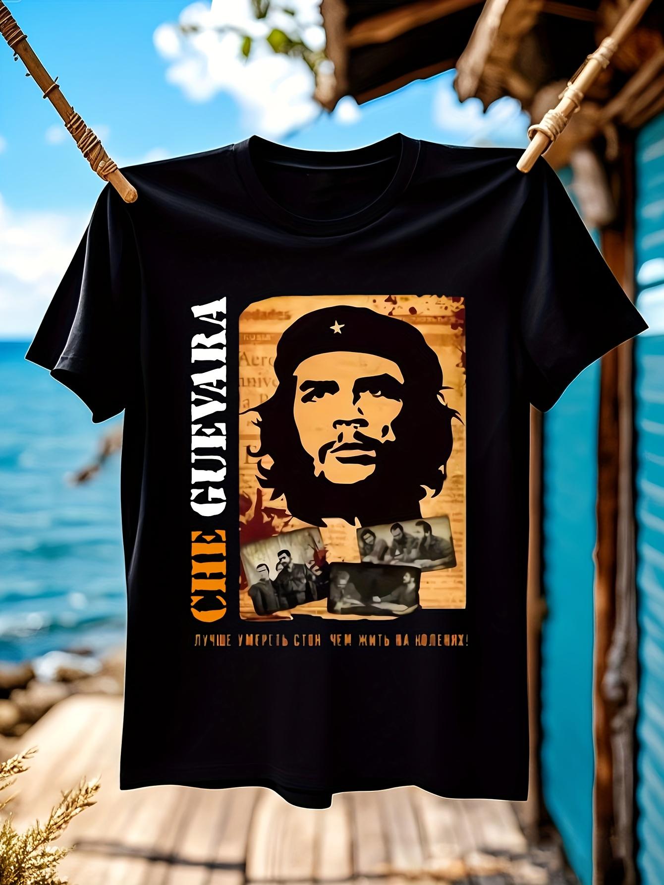 Che Guevara Cuban Revolution Graphic - Black Crew Neck Tee with Che Portrait & Text T-shirt XXL