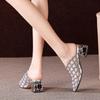 Baotou Crystal Square Heel Sandals Summer New Pointed Head Deep Mouth Mesh Cloth Breathable Non-slip Heel Shoes