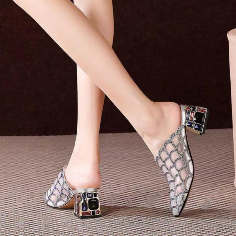 Baotou Crystal Square Heel Sandals Summer New Pointed Head Deep Mouth Mesh Cloth Breathable Non-slip Heel Shoes