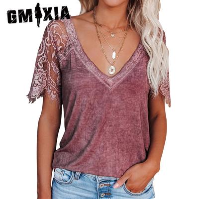 Short Sleeve V-neck Feather Lace Lace Sleeves Blouse for Ladies