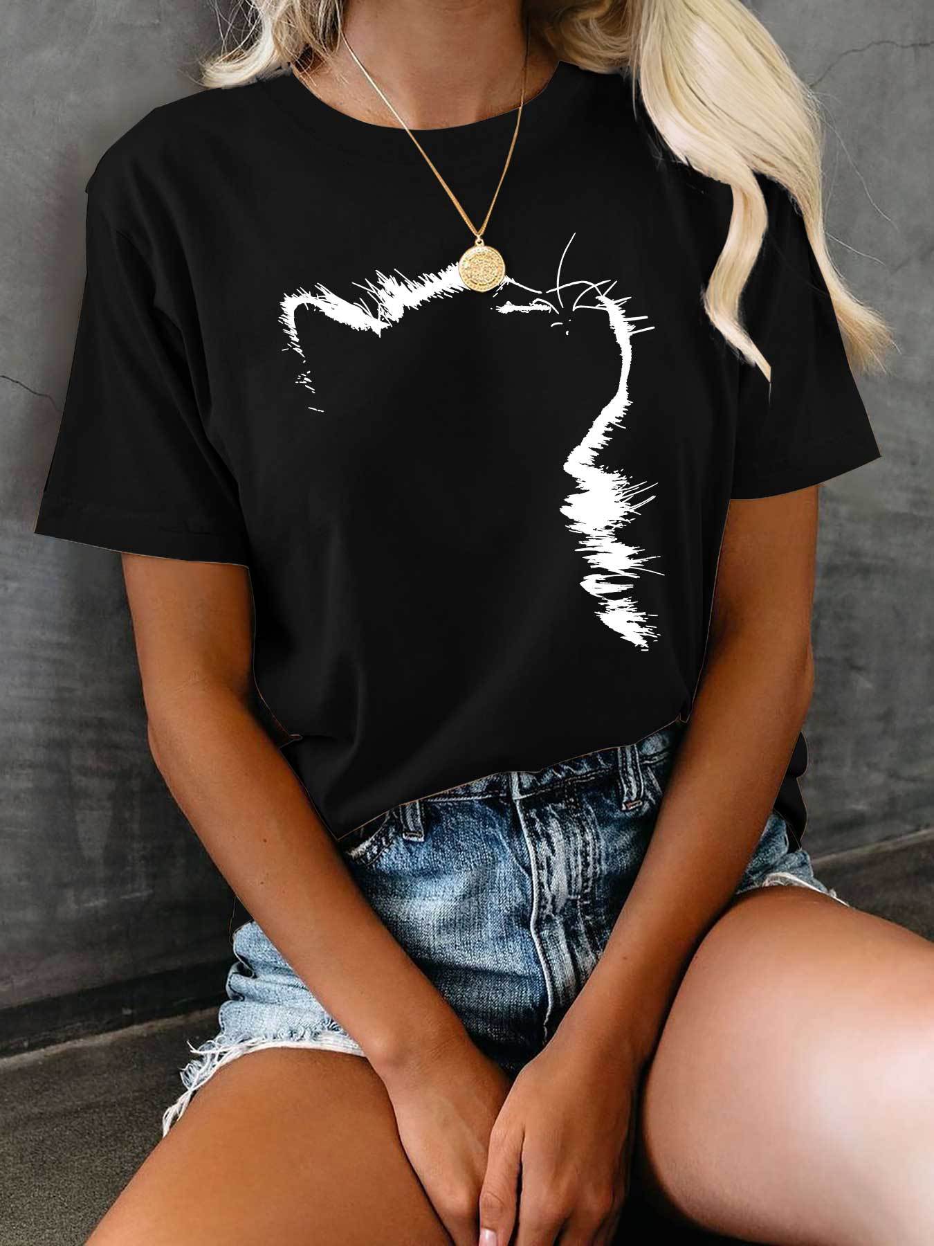 

Women S Casual Crew Neck T-Shirt with Whimsical Cat ; Flor M дубильная кора