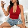 Women Plus Size Sexy Burgundy Halter Backless Cropped Cami Top