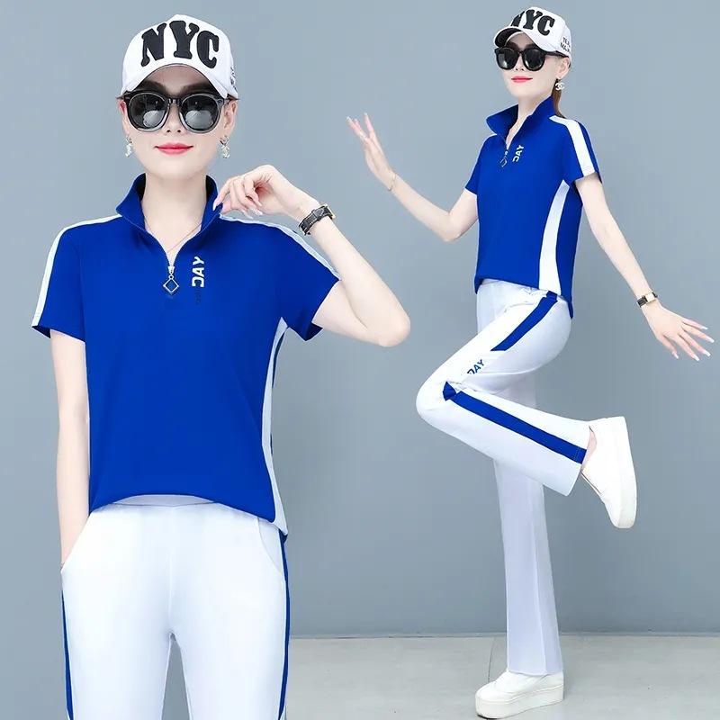 Trendy summer casual sports suit women's clothing popular POLO stand-up collar zipper two-piece set short-sleeved trousers women's clothing foreign