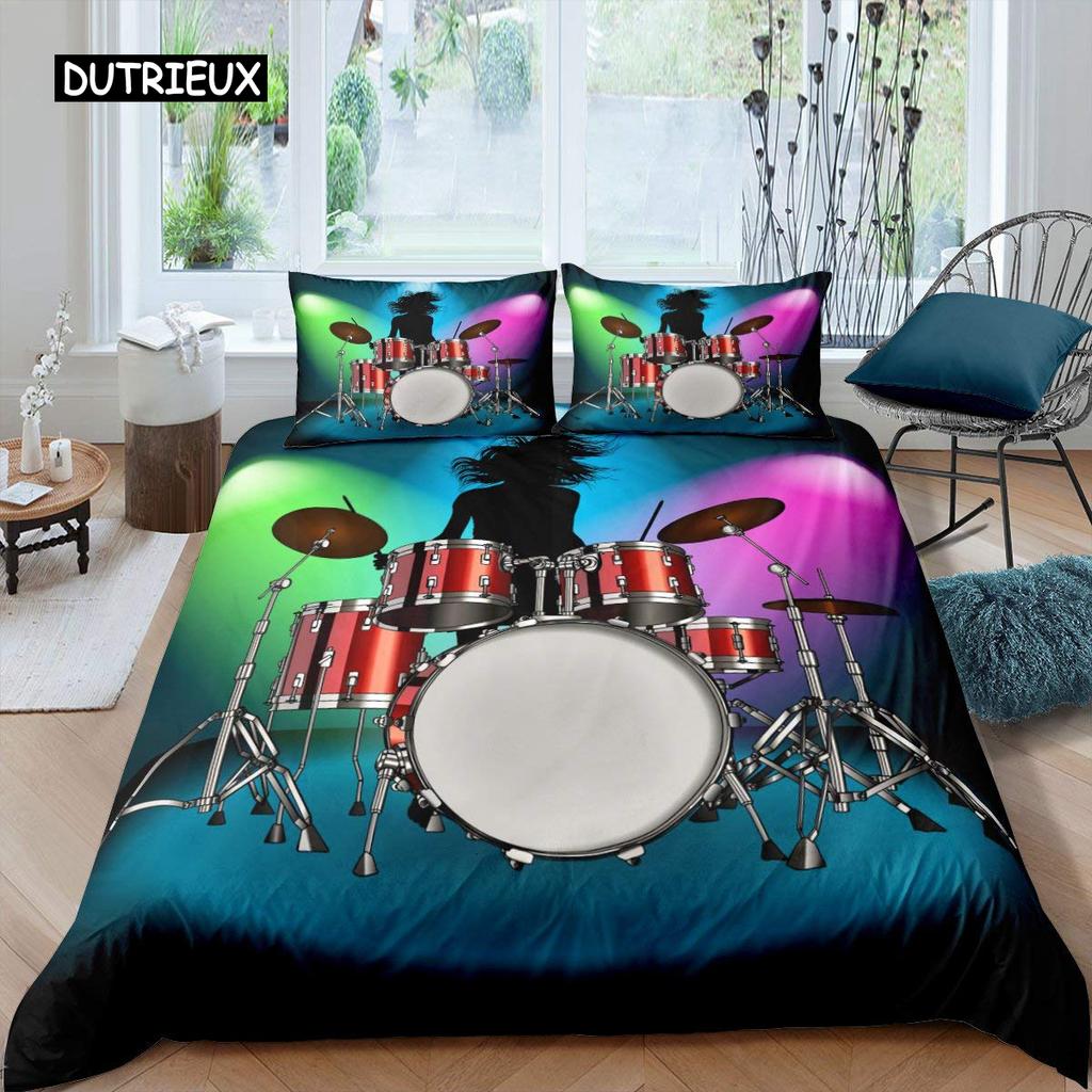 Blue Drum Kit Duvet Cover Set Microfiber Rock Roll Pop Music Twin Bedding Set Musical Instrument Glitter Lines Comforter Cover