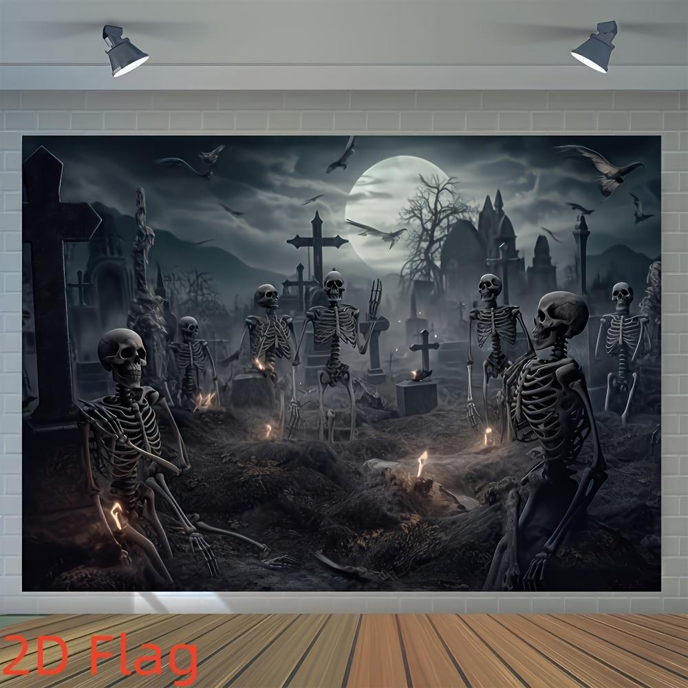 2D Flat 1PC Halloween Moonlit Cemetery Skull Party Background Fabric, Creating an Eerie and Gloomy Atmosphere