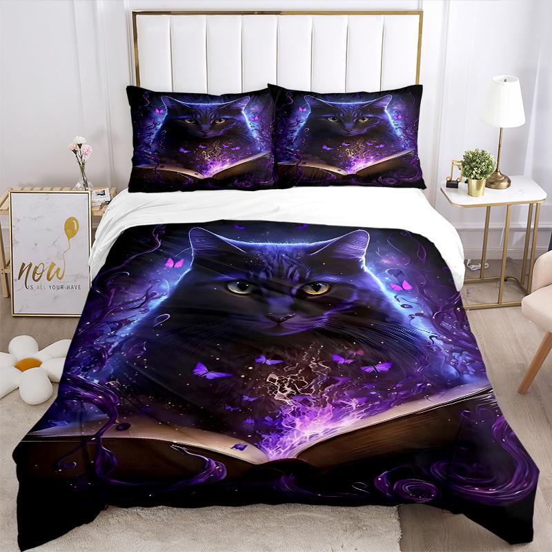3pcs Purple Butterfly Fantasy Cat Comforter Set with One Quilt Cover and Two Pillowcases (No Core) - Home Decor, Festival Gift, Polyester Fabric, Anim
