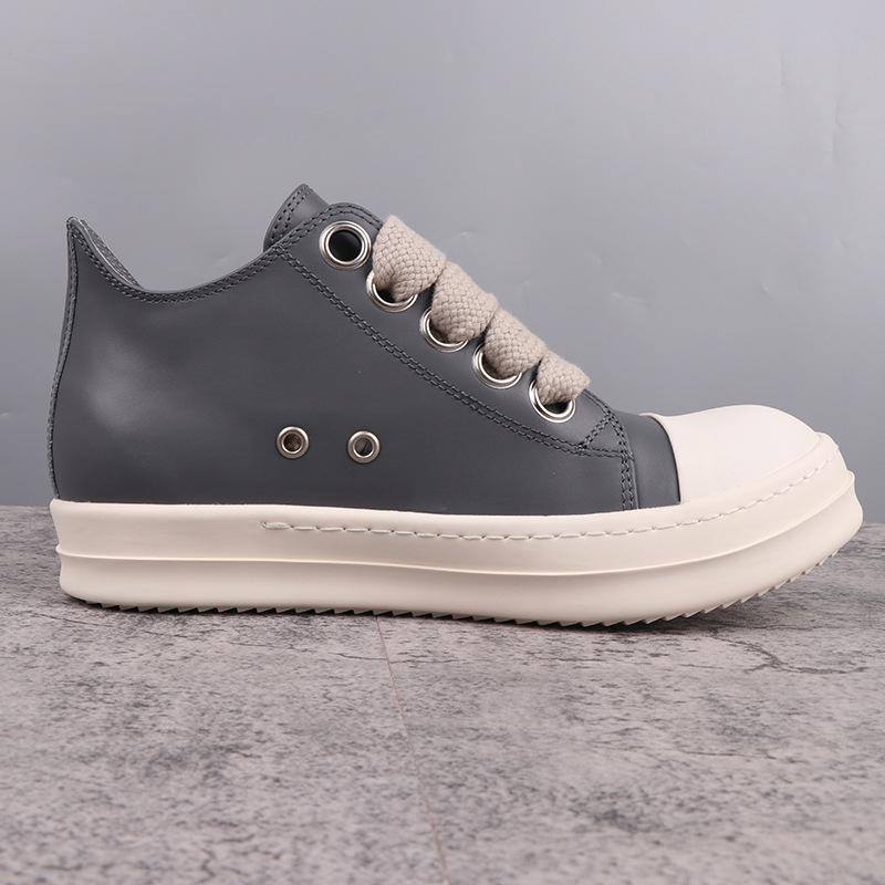 Men's Shoes Genuine Leather Jumbo Shoelace Women's Sneakers Fashion Black Solid Lace-up Men's Casual Shoes