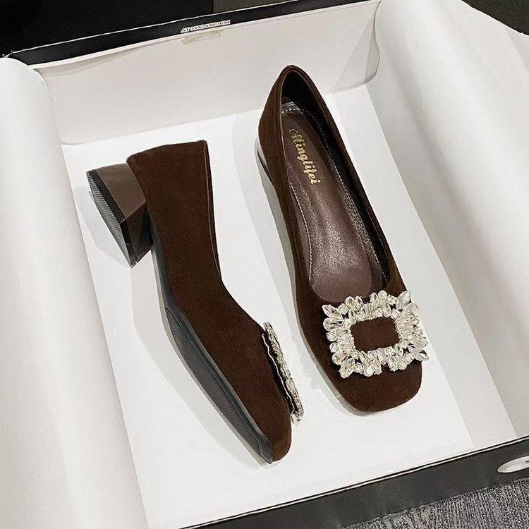Single Shoes Light Mouth Soft Sole Suede Thick Heel Low Heel Rhinestone Square Buckle French Black Professional Shoes