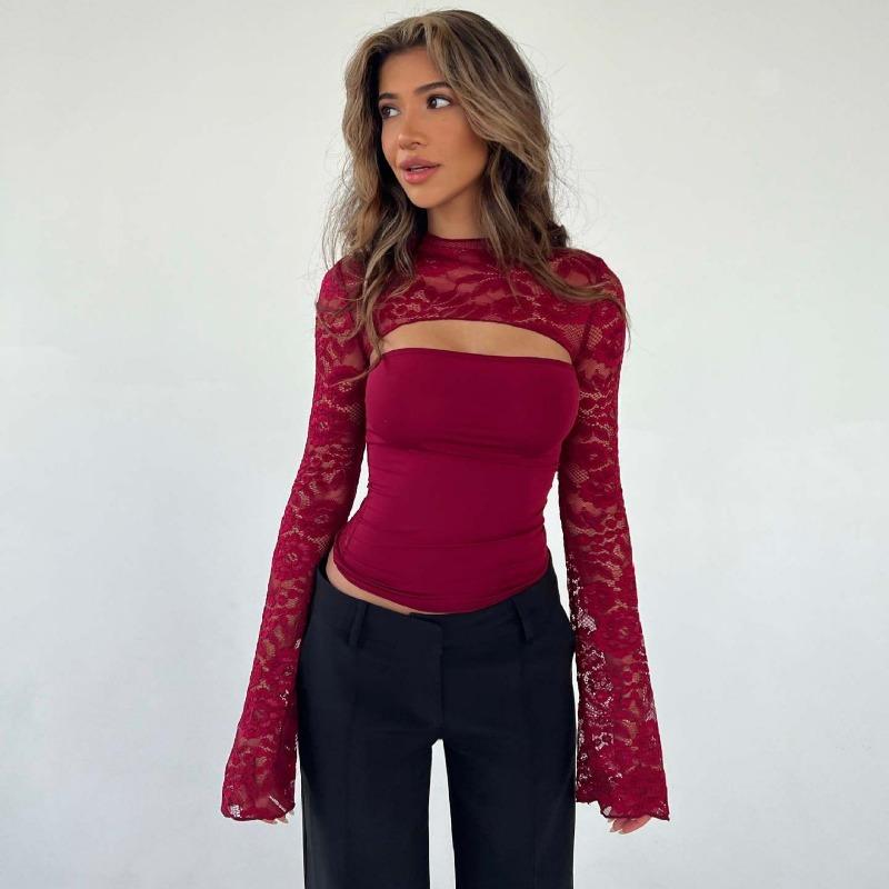 

New Women s Lace T-shirt Versatile Tops for Women to Wear Sexy and Slimming Hollow Design High-end Base L кларет