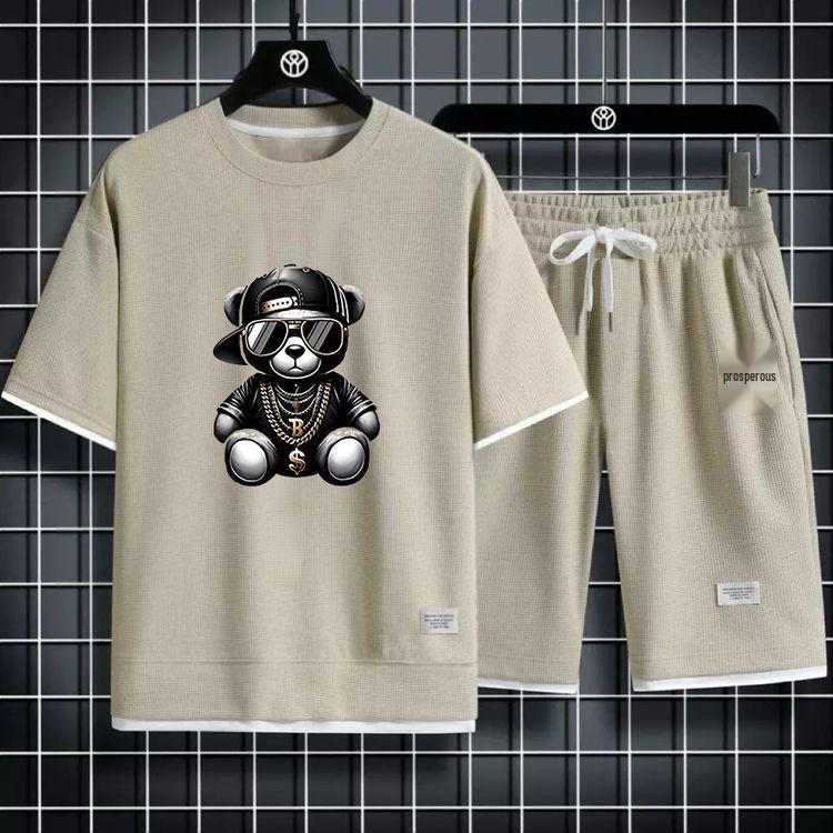 Men's Waffle Knit Two-Piece Casual Sports Set: Short Sleeve T-Shirt & Shorts