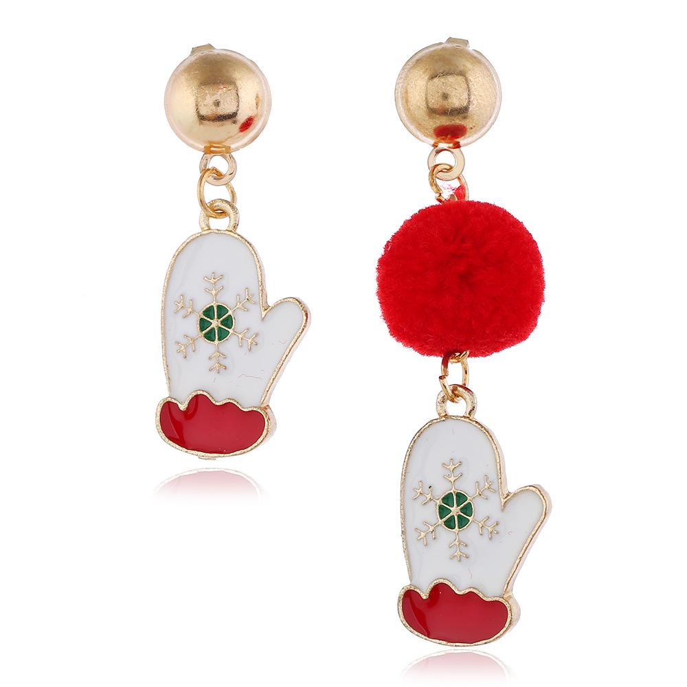 Women Asymmetric Santa /Gloves/Snowflower Shape Red Plush Ball Earrings