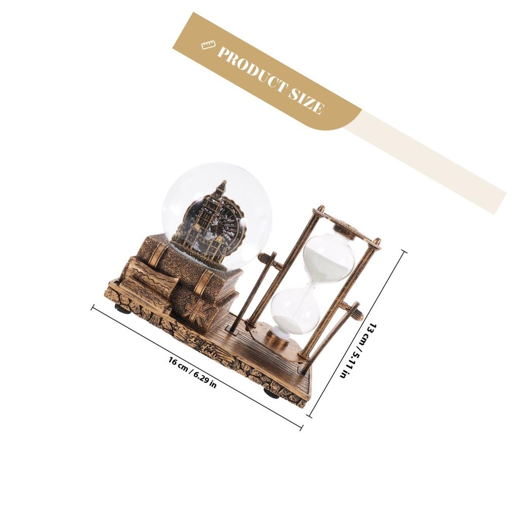 Vintage Resin Sand Clock Desktop Decor with Crystal Snow Globe Design Retro Hourglass Ornament for Office Home Living Room Table