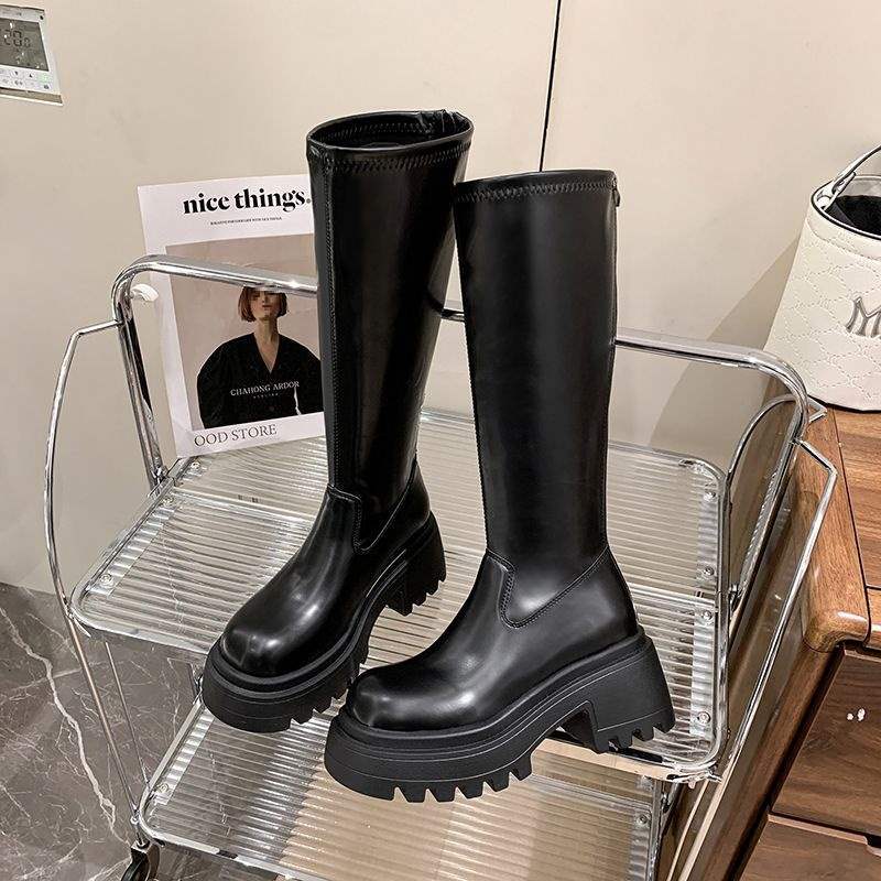 Black Thick-soled Heightening Boots for Women, But Knee-high Knight Boots, Thick Heel for Small Men, Long Tube, Thin Boots, Non-slip.