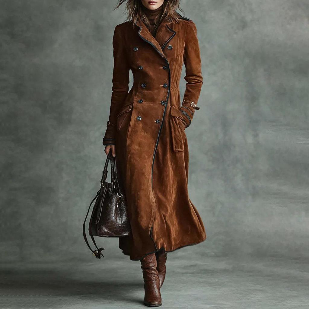 Cappotto Elegante da Donna a Maniche Lunghe con Collo e Giacca Antivento Lunga in Pelle Scamosciata Colorata