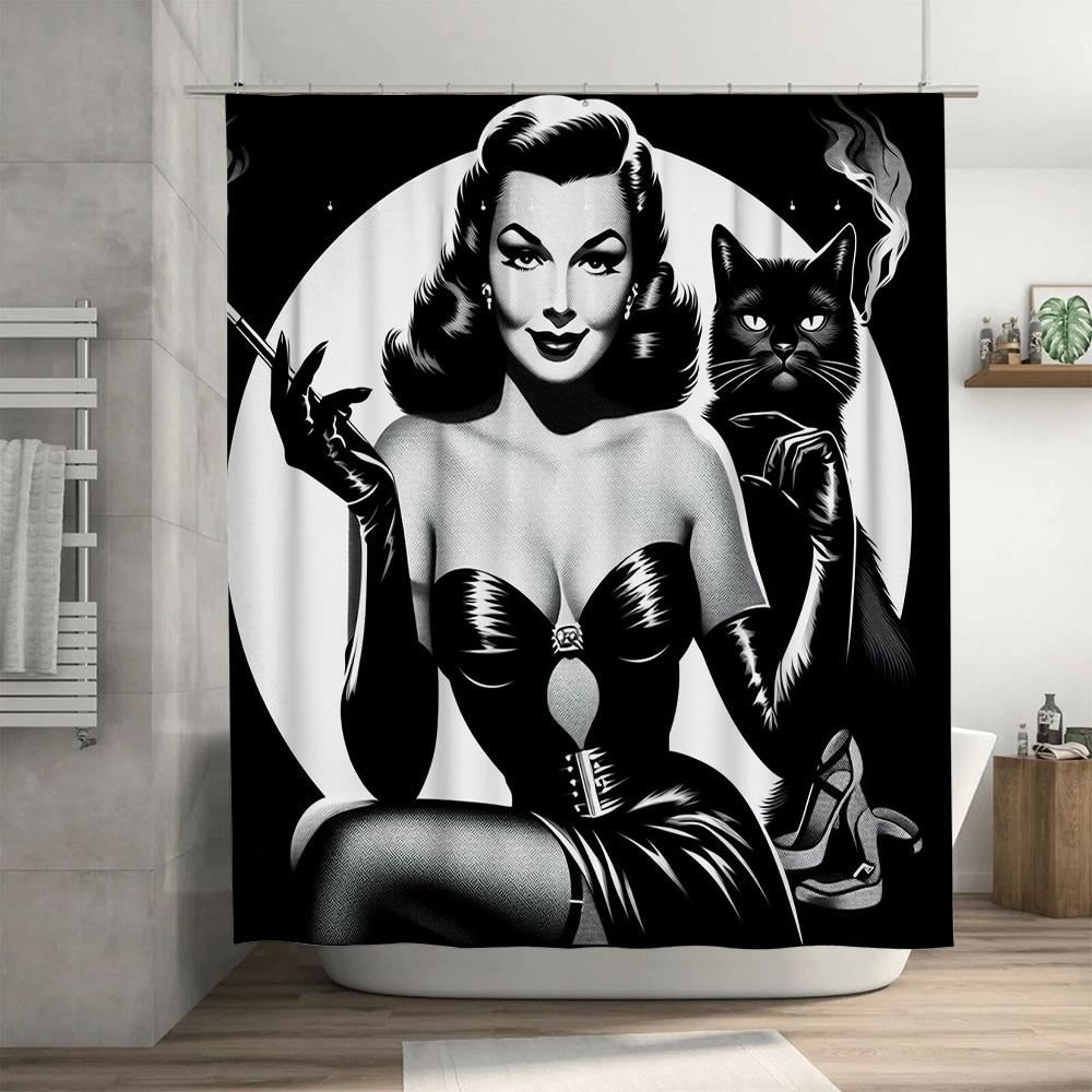 Vintage Retro Style Cat Lady Shower Curtain Classic Black White Print Bathroom Decor Perfect Gift for Women's Day