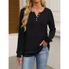 1pc Comfortable Ribbed V-Neck T-Shirt Set for Women - Soft Long Sleeve Tops, Casual Crew Neck Style with Button Detail, Polyester Knit Fabric