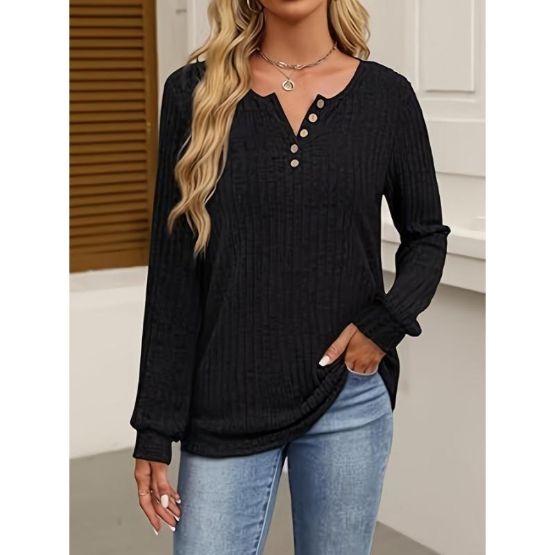 1pc Comfortable Ribbed V-Neck T-Shirt Set for Women - Soft Long Sleeve Tops, Casual Crew Neck Style with Button Detail, Polyester Knit Fabric