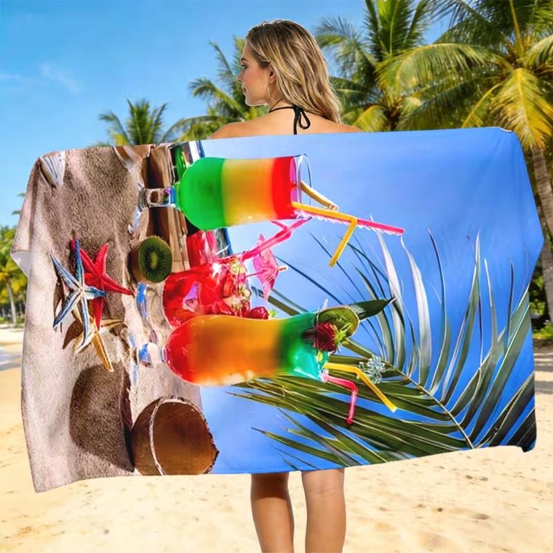 Tropical Pineapple Cocktail Beach Towel Oversized Beach Palm Tree Design Summer Vacation Beach Blanket for Beach Pool Spa
