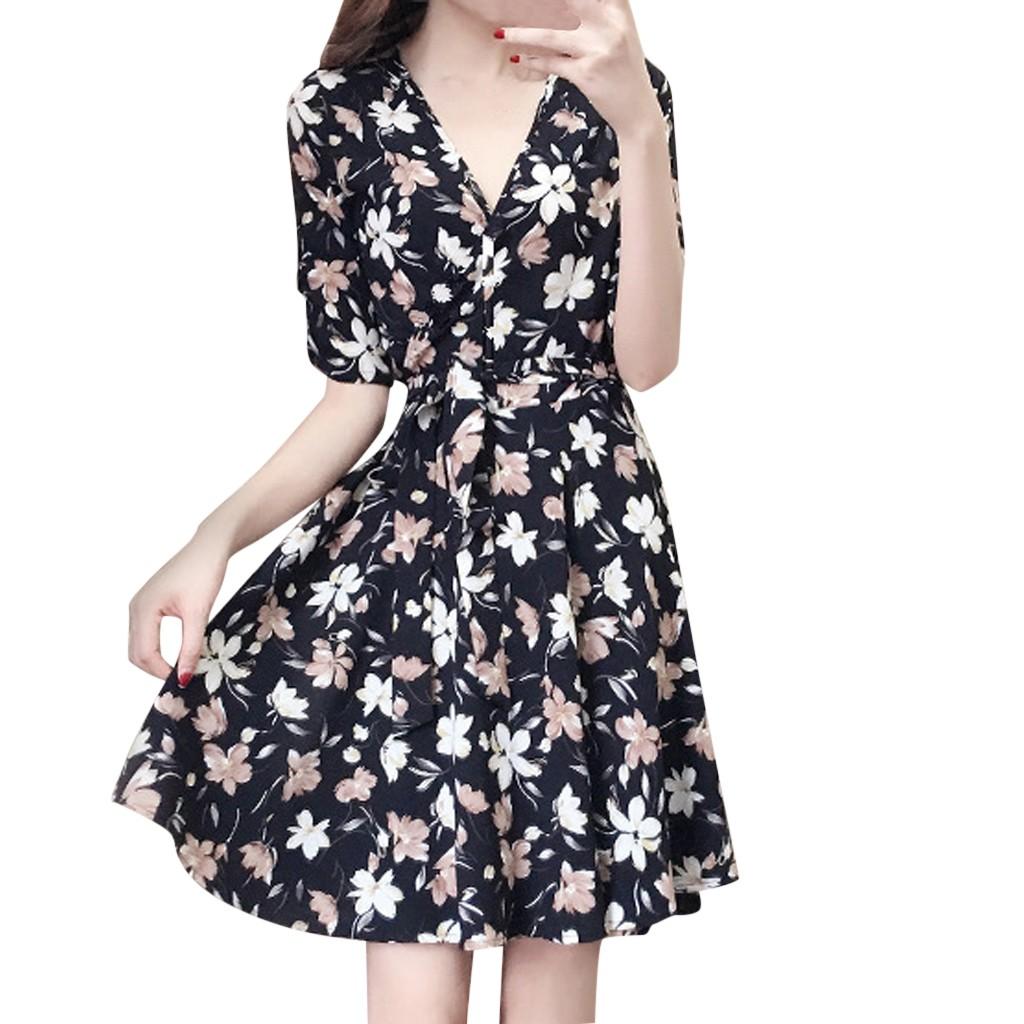 Fashion Women Sexy knee Length Short Sleeve Printing V-Neck Summer Dress