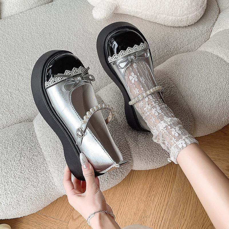 Japanese jk new with skirt bow pearl women 2025 summer French platform small leather shoes Mary Jane single shoes