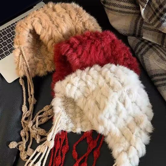 Women Hat Solid Color Rabbit Fur Blend Tassel Knit Hat Comfortable Stretch Fit Autumn Winter Skiing Warm Hat