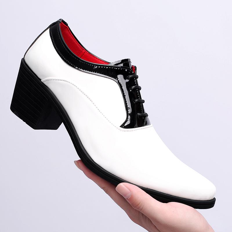 

New Groom White With Black Shoes Pointed Glossy Leather Height 4.5cm Increasing Oxfords Men Wedding Dress Prom Formal Footwear 38